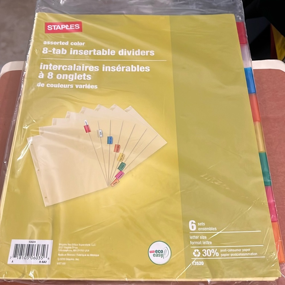 Staples assorted color 8-tab insertable dividers